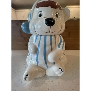 Teddy Bear Cookie Jar in Blue White Striped‎ Pajamas With Night Cap Vintage